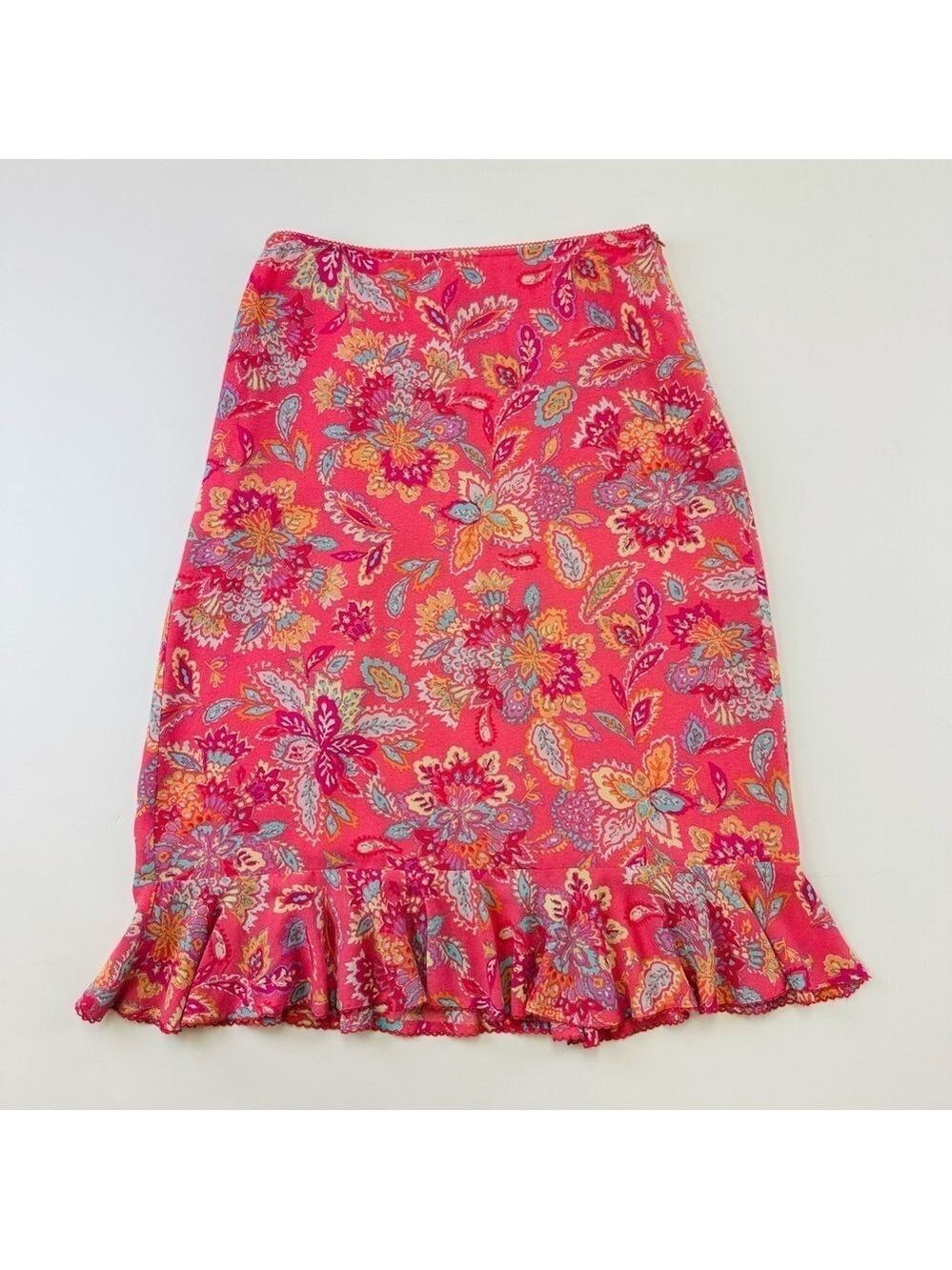 Sigrid Olsen pink floral skirt with ruffle hem  Size Small Petite lined feminine
